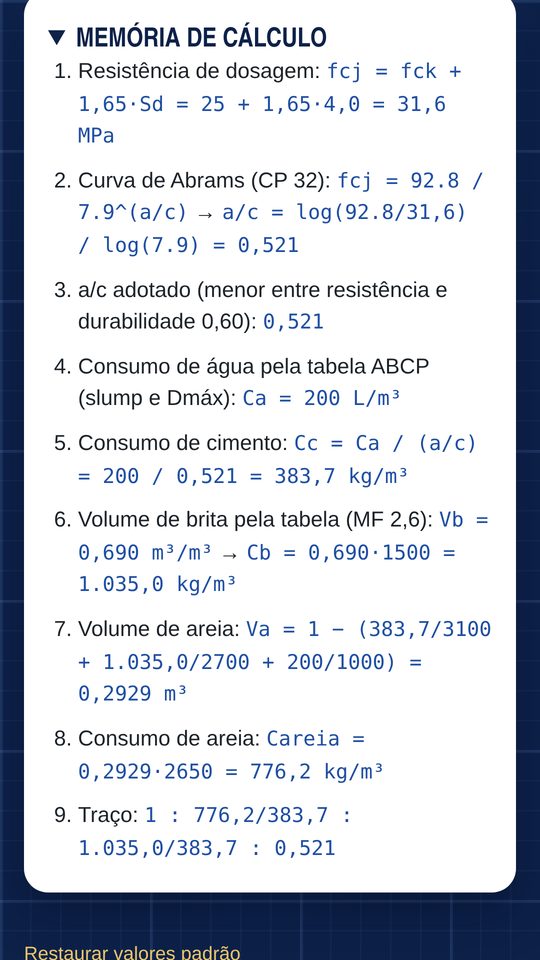 Tela com a memória de cálculo passo a passo